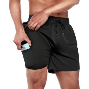 imageBRISIRA Mens Swim Trunks Swim Shorts Quick Dry 5 inch Inseam Beach Shorts with Compression Liner and Zipper PocketBlack