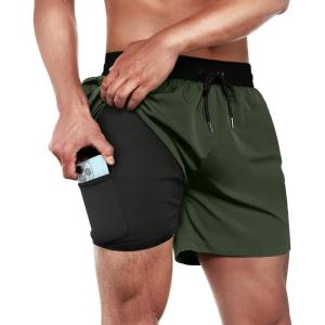 imageBRISIRA Mens Swim Trunks Swim Shorts Quick Dry 5 inch Inseam Beach Shorts with Compression Liner and Zipper PocketBlackarmygreen