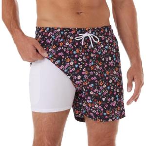 imageBRISIRA Mens Swim Trunks Swim Shorts Quick Dry 5 inch Inseam Beach Shorts with Compression Liner and Zipper PocketBlackfloral