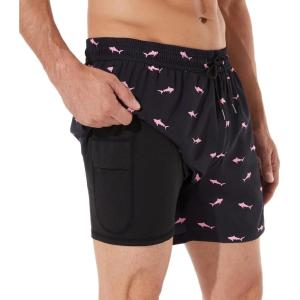 imageBRISIRA Mens Swim Trunks Swim Shorts Quick Dry 5 inch Inseam Beach Shorts with Compression Liner and Zipper PocketBlackpink Shark
