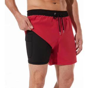 imageBRISIRA Mens Swim Trunks Swim Shorts Quick Dry 5 inch Inseam Beach Shorts with Compression Liner and Zipper PocketBlackred