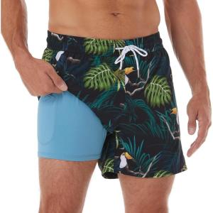 imageBRISIRA Mens Swim Trunks Swim Shorts Quick Dry 5 inch Inseam Beach Shorts with Compression Liner and Zipper PocketBlacktoucan