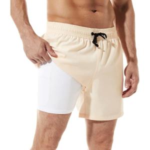 imageBRISIRA Mens Swim Trunks Swim Shorts Quick Dry 5 inch Inseam Beach Shorts with Compression Liner and Zipper PocketCream