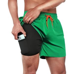 imageBRISIRA Mens Swim Trunks Swim Shorts Quick Dry 5 inch Inseam Beach Shorts with Compression Liner and Zipper PocketGreen