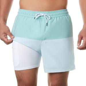 imageBRISIRA Mens Swim Trunks Swim Shorts Quick Dry 5 inch Inseam Beach Shorts with Compression Liner and Zipper PocketGreenlightgreen