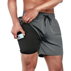 imageBRISIRA Mens Swim Trunks Swim Shorts Quick Dry 5 inch Inseam Beach Shorts with Compression Liner and Zipper PocketGrey