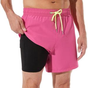 imageBRISIRA Mens Swim Trunks Swim Shorts Quick Dry 5 inch Inseam Beach Shorts with Compression Liner and Zipper PocketHotpink