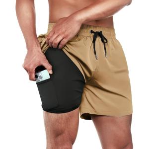 imageBRISIRA Mens Swim Trunks Swim Shorts Quick Dry 5 inch Inseam Beach Shorts with Compression Liner and Zipper PocketKhaki