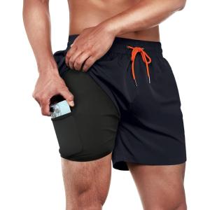 imageBRISIRA Mens Swim Trunks Swim Shorts Quick Dry 5 inch Inseam Beach Shorts with Compression Liner and Zipper PocketNavy