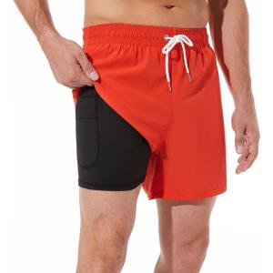 imageBRISIRA Mens Swim Trunks Swim Shorts Quick Dry 5 inch Inseam Beach Shorts with Compression Liner and Zipper PocketOrange