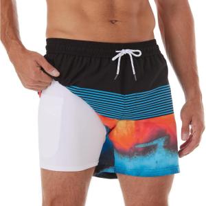 imageBRISIRA Mens Swim Trunks Swim Shorts Quick Dry 5 inch Inseam Beach Shorts with Compression Liner and Zipper PocketStripeblackblue