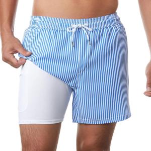 imageBRISIRA Mens Swim Trunks Swim Shorts Quick Dry 5 inch Inseam Beach Shorts with Compression Liner and Zipper PocketStripebluewhite