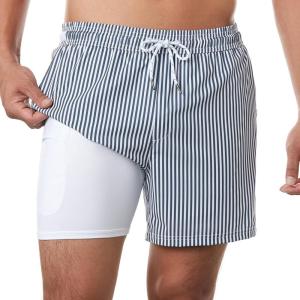 imageBRISIRA Mens Swim Trunks Swim Shorts Quick Dry 5 inch Inseam Beach Shorts with Compression Liner and Zipper PocketStripedarkbluewhite
