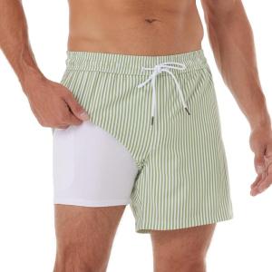 imageBRISIRA Mens Swim Trunks Swim Shorts Quick Dry 5 inch Inseam Beach Shorts with Compression Liner and Zipper PocketStripegreenwhite