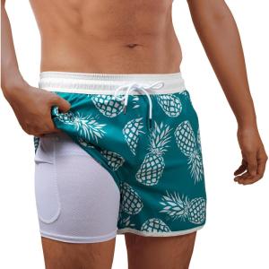 imageBRISIRA Mens Short Swim Trunks with Compression Liner Retro Vintage 8090s Bathing Suit Swim Board Shorts Swimwear Quick DryDarkcyanpineapple