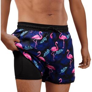 imageBRISIRA Mens Short Swim Trunks with Compression Liner Retro Vintage 8090s Bathing Suit Swim Board Shorts Swimwear Quick DryFlamingo