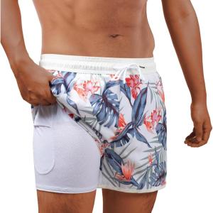 imageBRISIRA Mens Short Swim Trunks with Compression Liner Retro Vintage 8090s Bathing Suit Swim Board Shorts Swimwear Quick DryWhitetropicalleaves