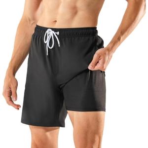 imageBRISIRA Mens Swim Trunks Swim Shorts 7 inch Compression Liner Bathing Suit Beach Shorts Swimwear Stretch Quick Dry PocketsBlack