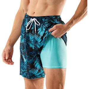 imageBRISIRA Mens Swim Trunks Swim Shorts 7 inch Compression Liner Bathing Suit Beach Shorts Swimwear Stretch Quick Dry PocketsBluetropical