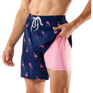 imageBRISIRA Mens Swim Trunks Swim Shorts 7 inch Compression Liner Bathing Suit Beach Shorts Swimwear Stretch Quick Dry PocketsFlamingo