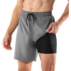imageBRISIRA Mens Swim Trunks Swim Shorts 7 inch Compression Liner Bathing Suit Beach Shorts Swimwear Stretch Quick Dry PocketsGrey