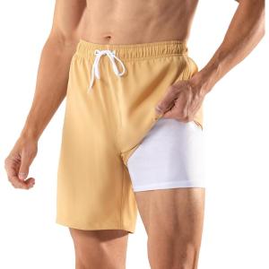 imageBRISIRA Mens Swim Trunks Swim Shorts 7 inch Compression Liner Bathing Suit Beach Shorts Swimwear Stretch Quick Dry PocketsKhaki