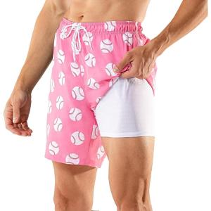 imageBRISIRA Mens Swim Trunks Swim Shorts 7 inch Compression Liner Bathing Suit Beach Shorts Swimwear Stretch Quick Dry PocketsPinkbaseball