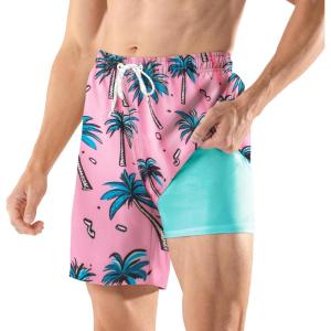 imageBRISIRA Mens Swim Trunks Swim Shorts 7 inch Compression Liner Bathing Suit Beach Shorts Swimwear Stretch Quick Dry PocketsPinkcoconuttree