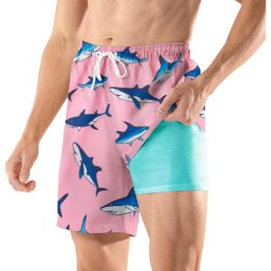 imageBRISIRA Mens Swim Trunks Swim Shorts 7 inch Compression Liner Bathing Suit Beach Shorts Swimwear Stretch Quick Dry PocketsPinkshark