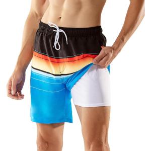imageBRISIRA Mens Swim Trunks Swim Shorts 7 inch Compression Liner Bathing Suit Beach Shorts Swimwear Stretch Quick Dry PocketsStriped Blackblue