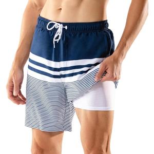 imageBRISIRA Mens Swim Trunks Swim Shorts 7 inch Compression Liner Bathing Suit Beach Shorts Swimwear Stretch Quick Dry PocketsStriped Navywhite