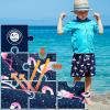 imageBRISIRA Boys Swim Trunks Swim Shorts with Compression Liner Stretch Bathing Suit Swimsuit Toddler Kids Youth Teen Quick DryBlue Flamingo