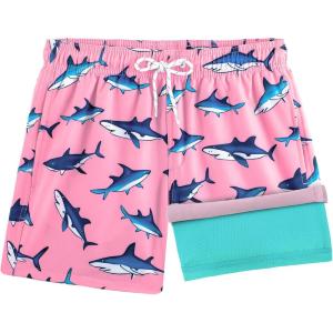 imageBRISIRA Boys Swim Trunks Bathing Suit Compression Liner Swimsuit AntiChafe Swim Shorts Toddler Kids Youth Teen Quick DryPink Shark
