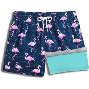 imageBRISIRA Boys Swim Trunks Swim Shorts with Compression Liner Stretch Bathing Suit Swimsuit Toddler Kids Youth Teen Quick DryBlue Flamingo