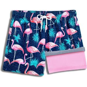 imageBRISIRA Boys Swim Trunks Swim Shorts with Compression Liner Stretch Bathing Suit Swimsuit Toddler Kids Youth Teen Quick DryDarkblue Flamingo