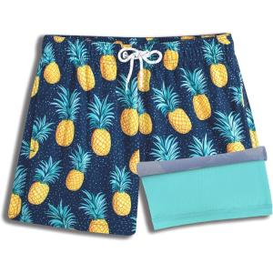 imageBRISIRA Boys Swim Trunks Swim Shorts with Compression Liner Stretch Bathing Suit Swimsuit Toddler Kids Youth Teen Quick DryDeepblue Pineaple