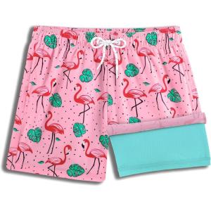 imageBRISIRA Boys Swim Trunks Swim Shorts with Compression Liner Stretch Bathing Suit Swimsuit Toddler Kids Youth Teen Quick DryPink Flamingoleaf