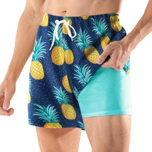 imageBRISIRA Mens Swim Trunks 5 Inch Compression Liner Beach Swim Shorts Bathing Suit Quick Dry 4Way Stretch PocketsDeepblue Pineaple