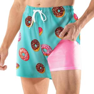 imageBRISIRA Mens Swim Trunks 5 Inch Compression Liner Beach Swim Shorts Bathing Suit Quick Dry 4Way Stretch PocketsGreen Donut