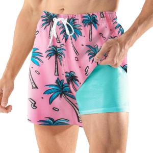 imageBRISIRA Mens Swim Trunks 5 Inch Compression Liner Beach Swim Shorts Bathing Suit Quick Dry 4Way Stretch PocketsPink Coconuttree