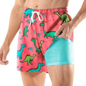 imageBRISIRA Mens Swim Trunks 5 Inch Compression Liner Beach Swim Shorts Bathing Suit Quick Dry 4Way Stretch PocketsPink Dinosaur