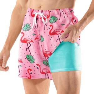 imageBRISIRA Mens Swim Trunks 5 Inch Compression Liner Beach Swim Shorts Bathing Suit Quick Dry 4Way Stretch PocketsPink Flamingoleaf