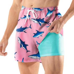 imageBRISIRA Mens Swim Trunks 5 Inch Compression Liner Beach Swim Shorts Bathing Suit Quick Dry 4Way Stretch PocketsPink Shark