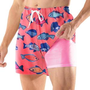 imageBRISIRA Mens Swim Trunks 5 Inch Compression Liner Beach Swim Shorts Bathing Suit Quick Dry 4Way Stretch PocketsPink Tropicalfish