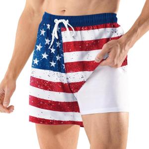 imageBRISIRA Mens Swim Trunks 5 Inch Compression Liner Beach Swim Shorts Bathing Suit Quick Dry 4Way Stretch PocketsRetro Flag