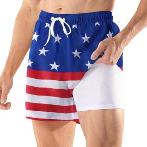 imageBRISIRA Mens Swim Trunks 5 Inch Compression Liner Beach Swim Shorts Bathing Suit Quick Dry 4Way Stretch PocketsUsa Flag
