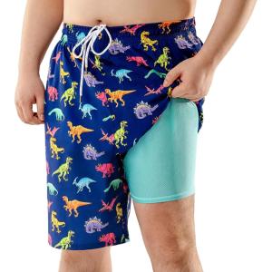 imageBRISIRA Big and Tall Mens Swim Trunks with Compression Liner Swimsuit Bathing Suit Swim Shorts Board Shorts Quick Dry 1X6XBluedinosaur