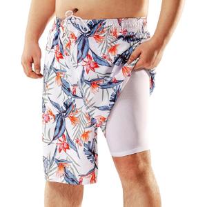 imageBRISIRA Big and Tall Mens Swim Trunks with Compression Liner Swimsuit Bathing Suit Swim Shorts Board Shorts Quick Dry 1X6XWhitetropicalleaves