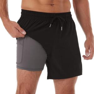 imageBRISIRA Mens Swim Trunks Bathing Suit 5 Inch Inseam Compression Liner Beach Swim Shorts Swimwear Quick Dry Zipper PocketBlack