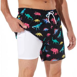 imageBRISIRA Mens Swim Trunks Bathing Suit 5 Inch Inseam Compression Liner Beach Swim Shorts Swimwear Quick Dry Zipper PocketBlack Dinosaur